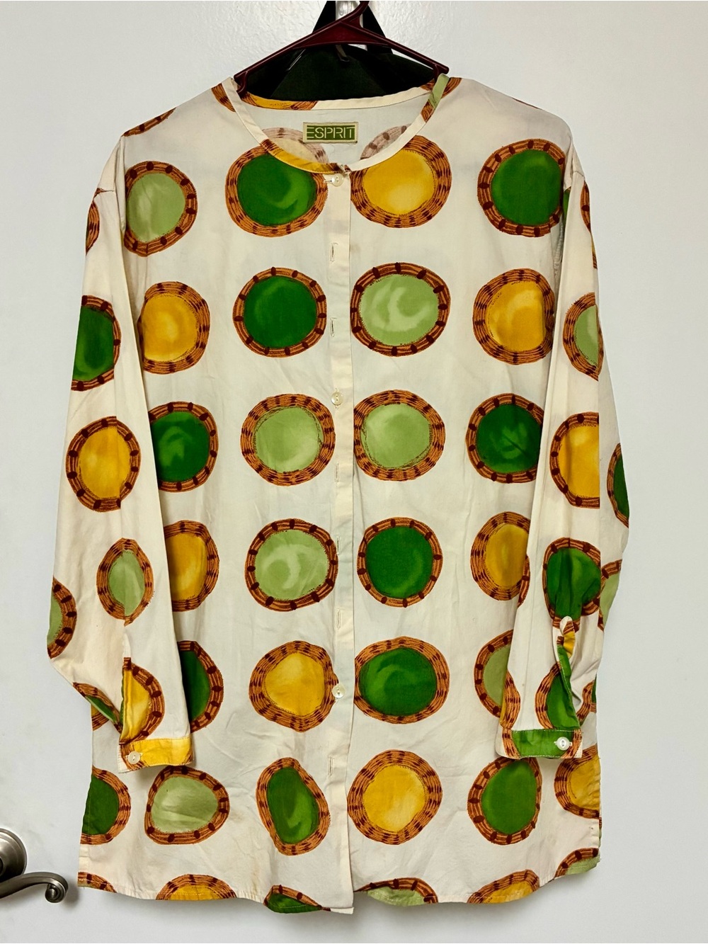 Esprit Vintage Button-Up long sleeve Shirt blouse Green & Yellow Circle Print